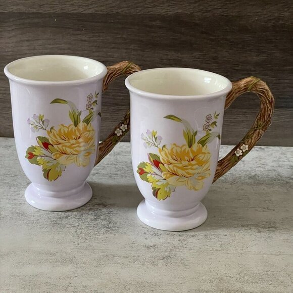 April Cornell Silvestri Vintage Set of Two Mugs Yellow Floral Faux Bois Handles - Picture 1 of 10